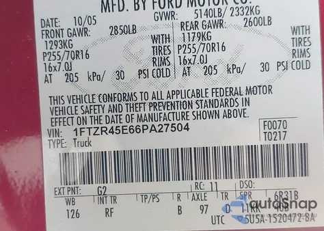 2006 Ford Ranger Fx4 Level Ii/Fx4 Off-Road/Sport/Xlt z USA, uszkodzony, nr VIN 1FTZR45E66PA27504